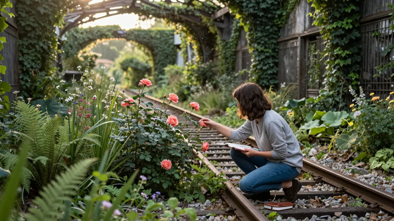 Overgrown secret garden of La Petite Ceinture with ivy, wildflowers, and a person kneeling among blooms.