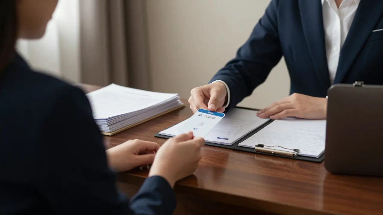 Professional meeting with files on a wooden desk indoors.