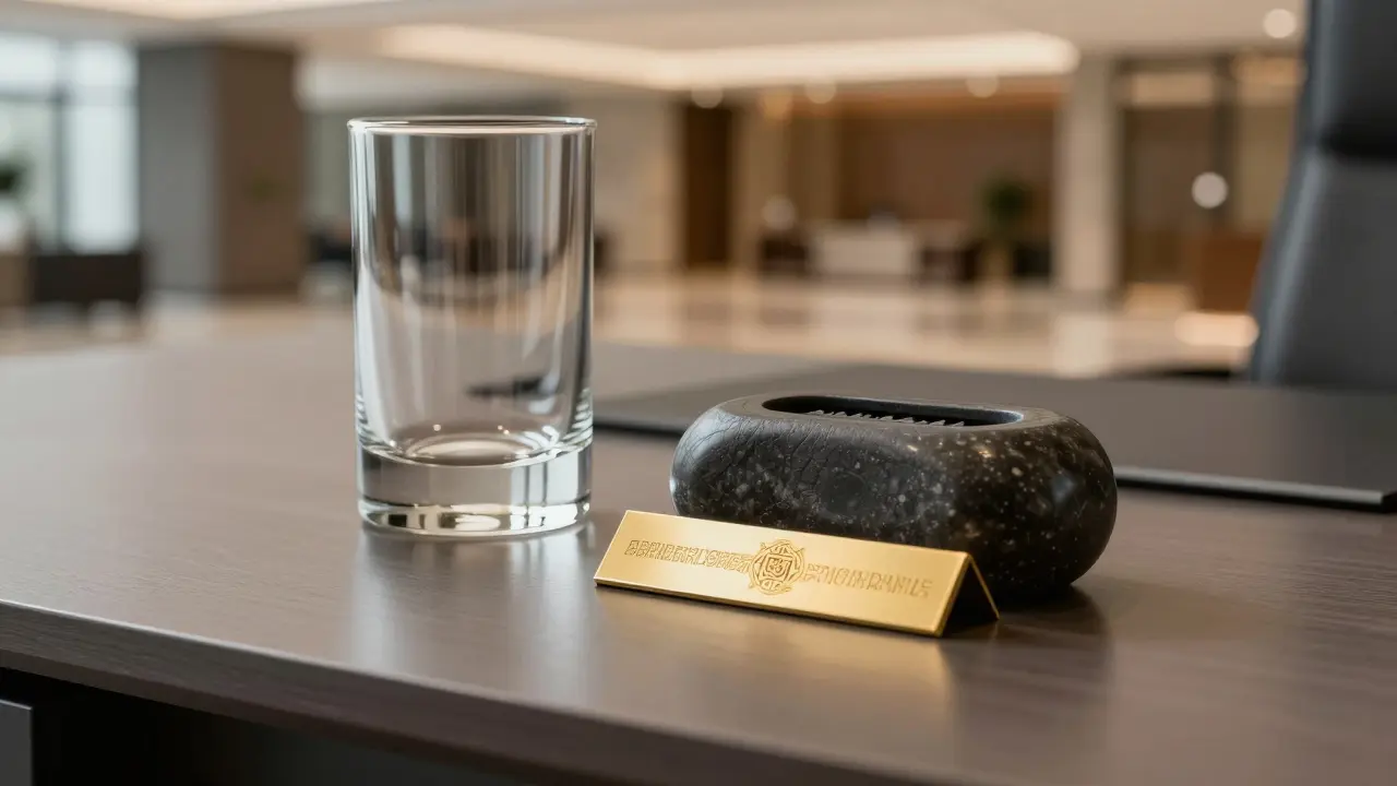 Professional office desk with sealed documents and government emblem.