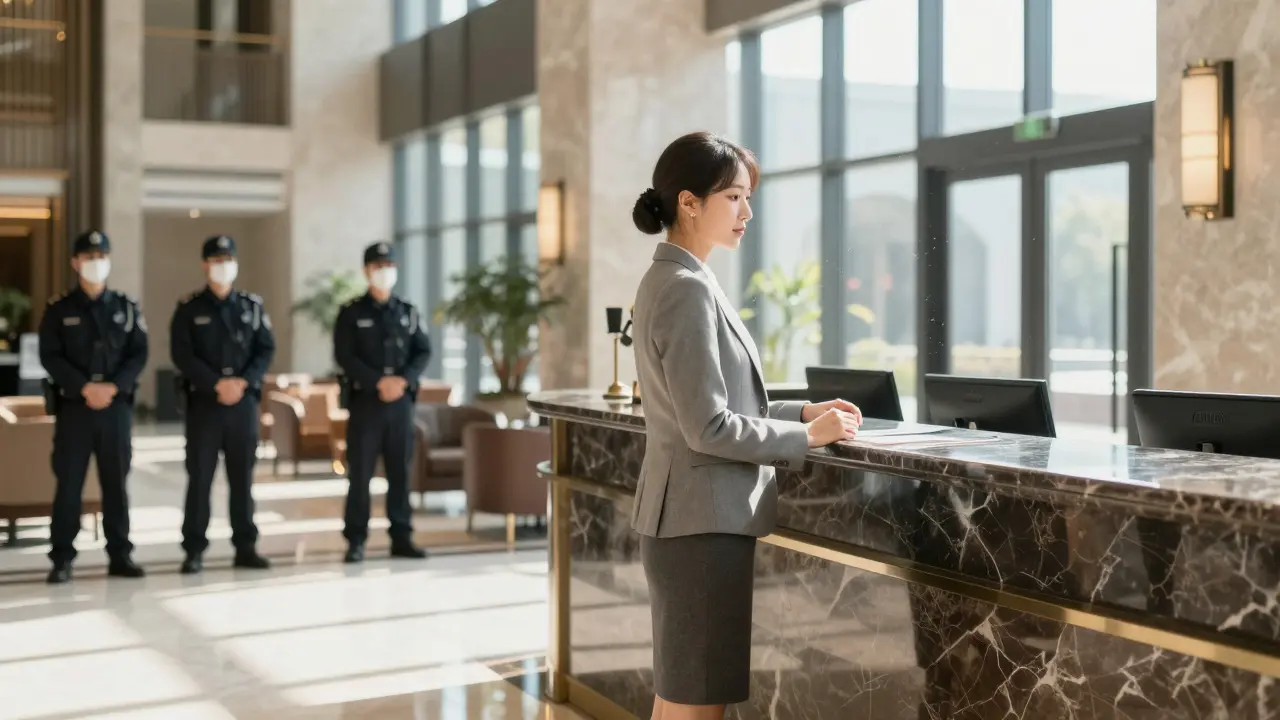 Professional person standing in secure hotel lobby interior