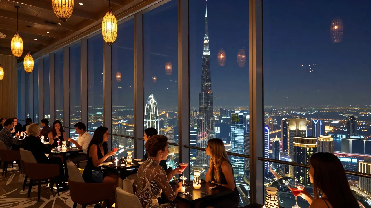 Rooftop bar with glowing lanterns and synchronized tower lights above Abu Dhabi’s skyline at night.