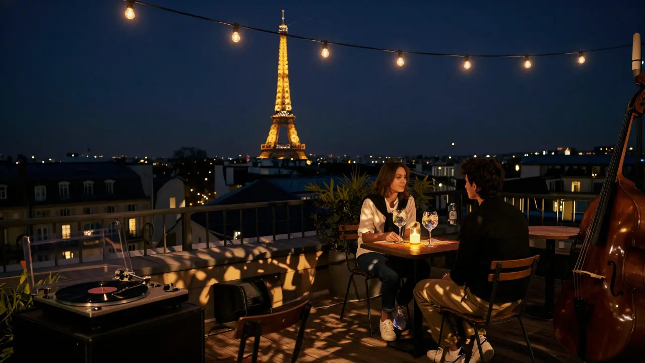 Rooftop terrace in Paris at night, skyline glowing, couple sipping drinks under string lights.