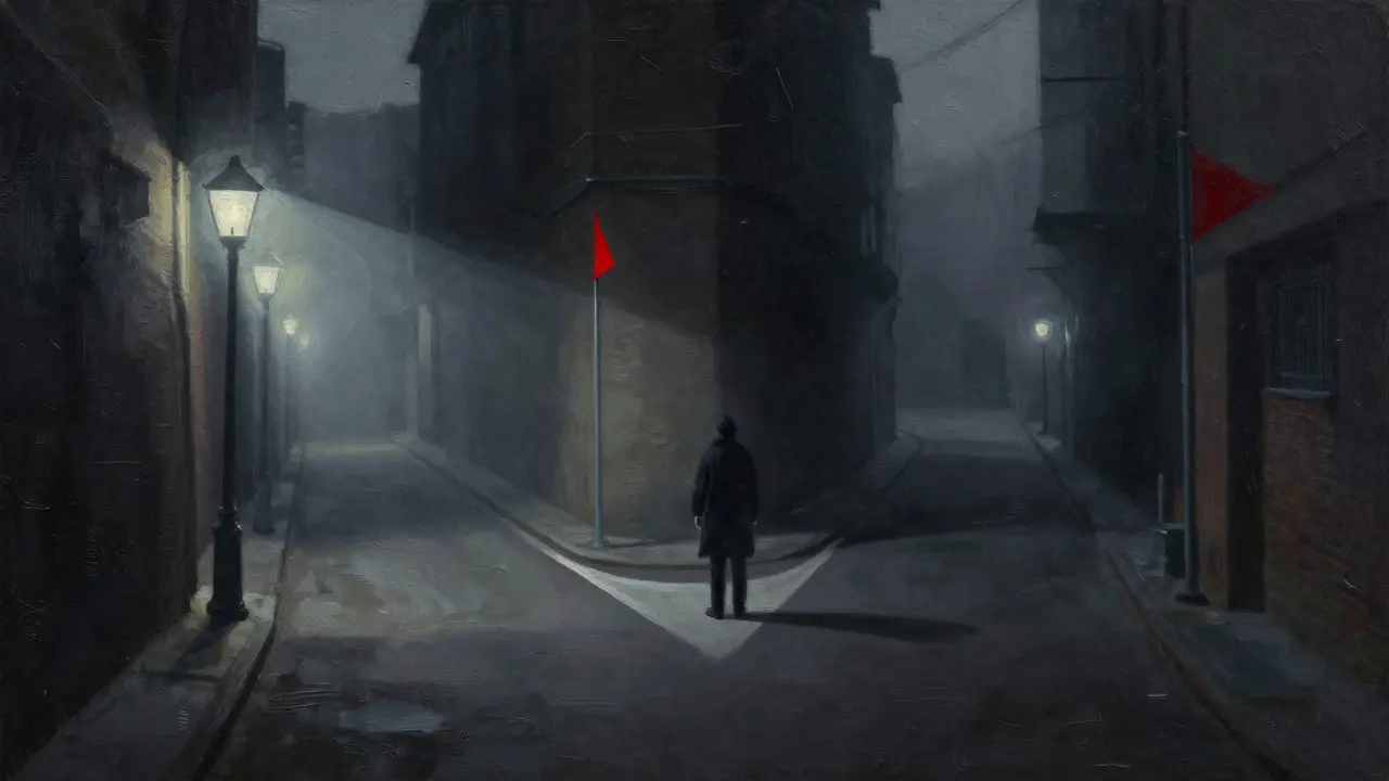 Silhouette at a crossroads with one lit path and one dark.