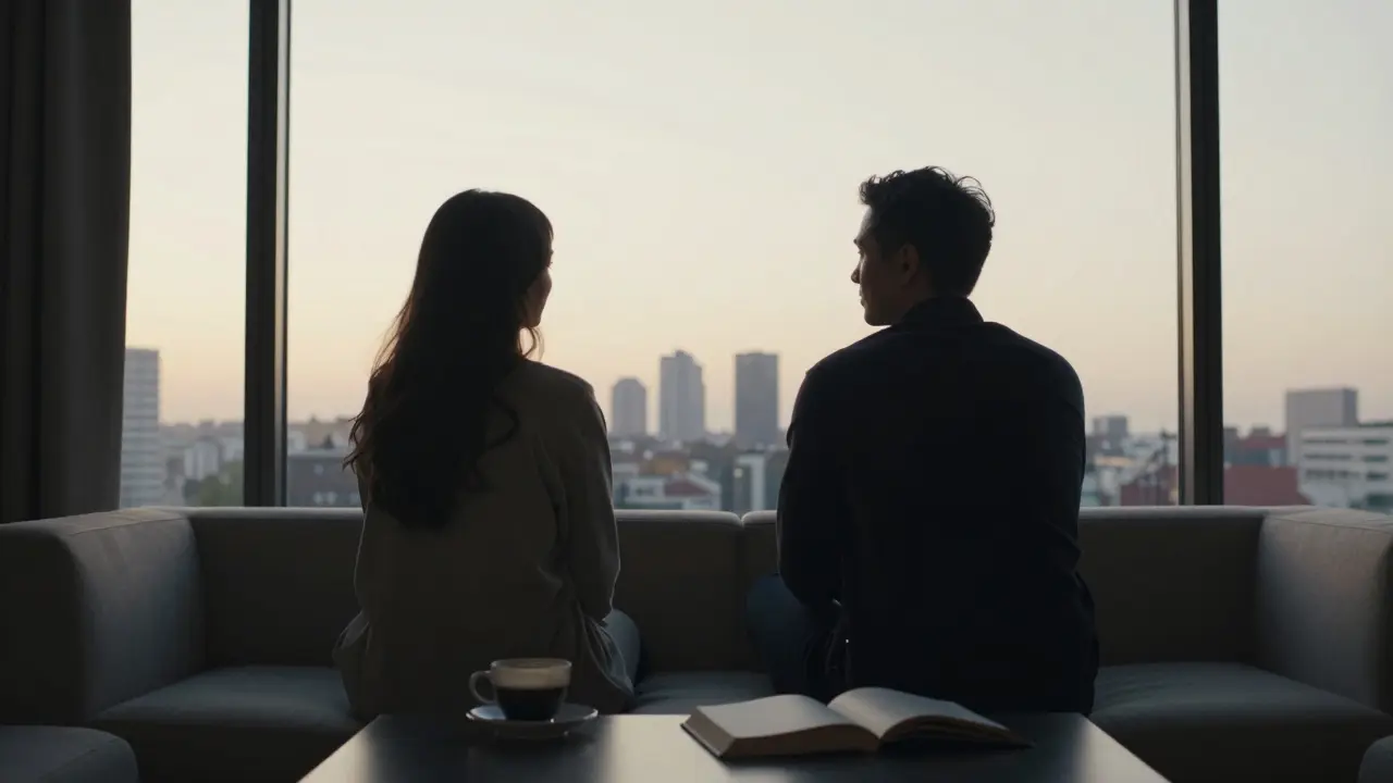 Silhouettes of two people at dawn in a Berlin penthouse, city skyline in the background.