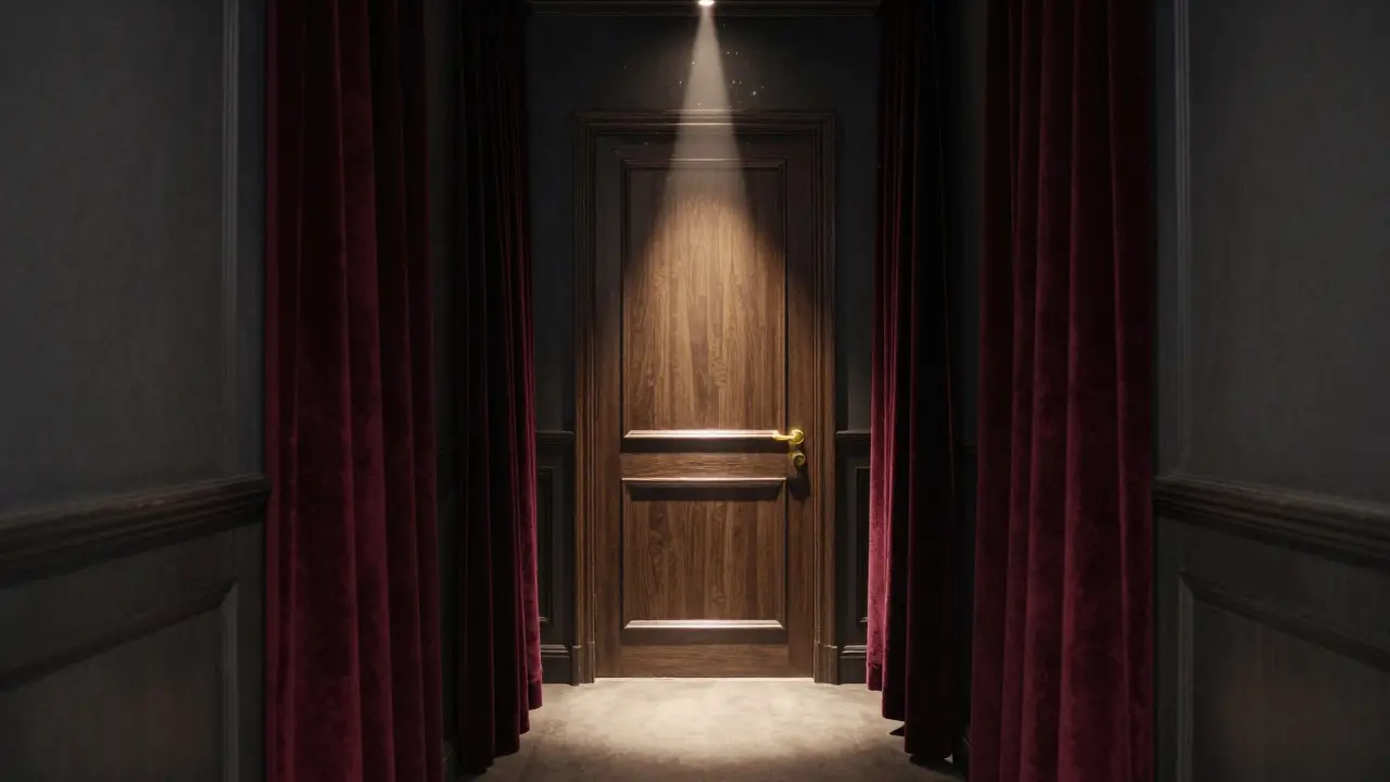 Spotlight on closed door surrounded by shadows and velvet