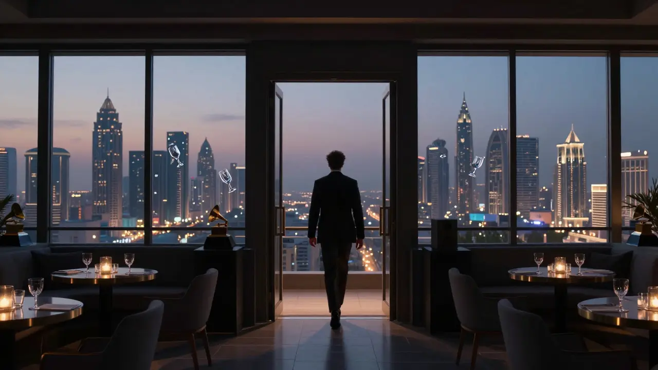 The Penthouse rooftop lounge in Dubai, a lone guest entering a hidden sanctuary with panoramic city views and floating crystal glasses.