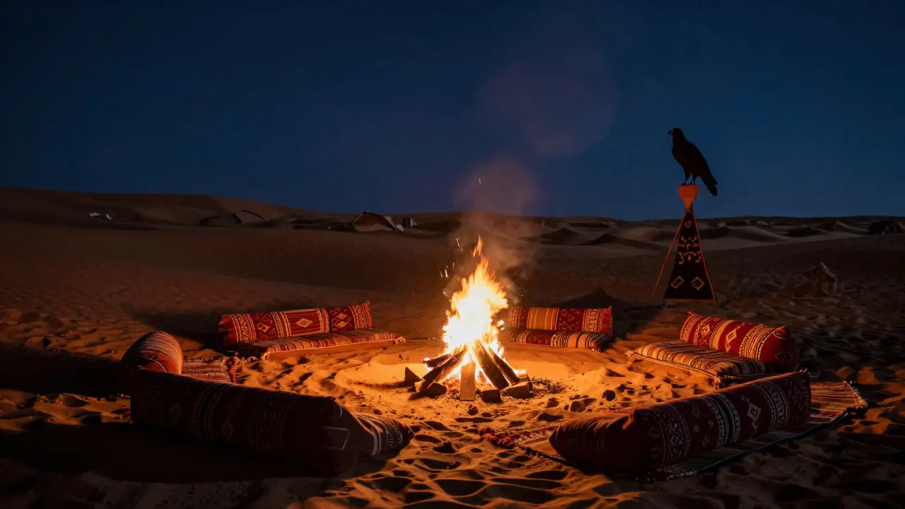 Traditional desert camp with bonfire and guests seated on sand at night.