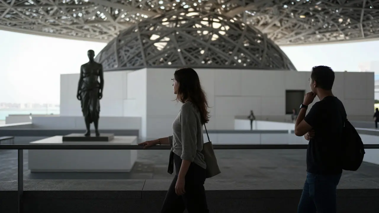 Two figures walk side by side at Louvre Abu Dhabi, silhouetted against the museum’s dome, sharing a quiet moment among artworks.