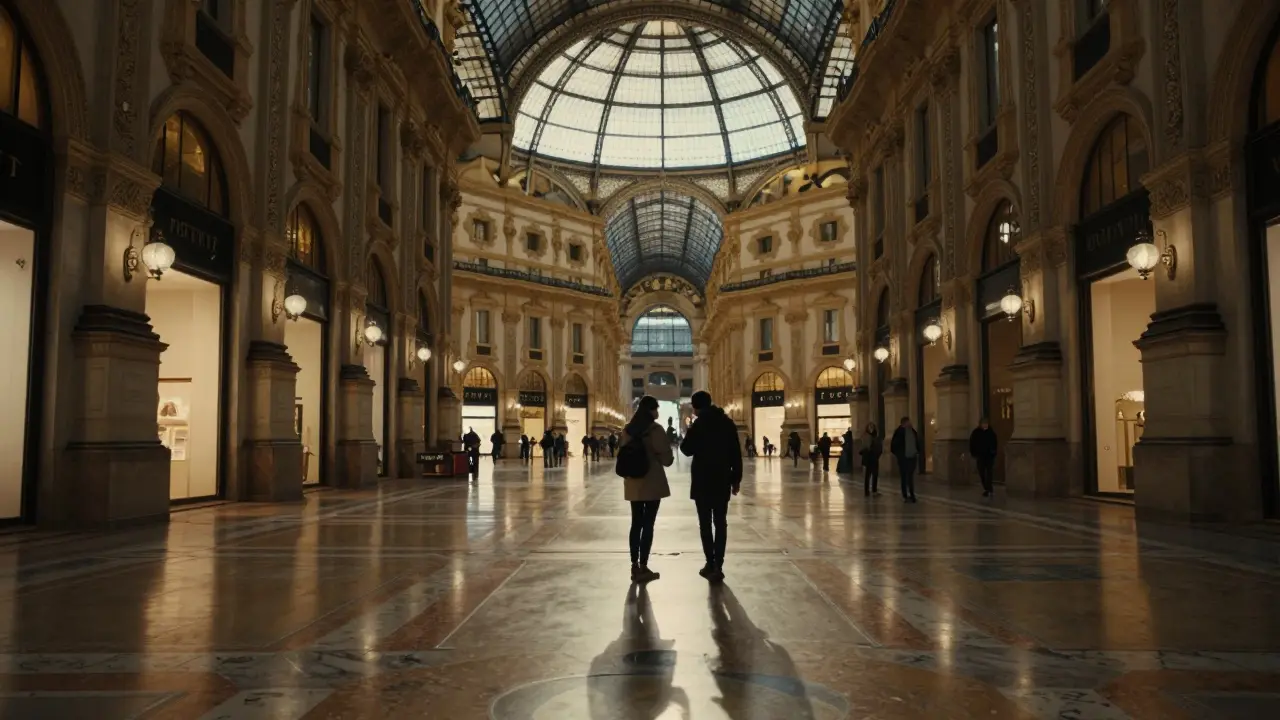 Two individuals sharing gelato under the glowing glass dome of Milan's historic arcade, alone in the midnight calm.
