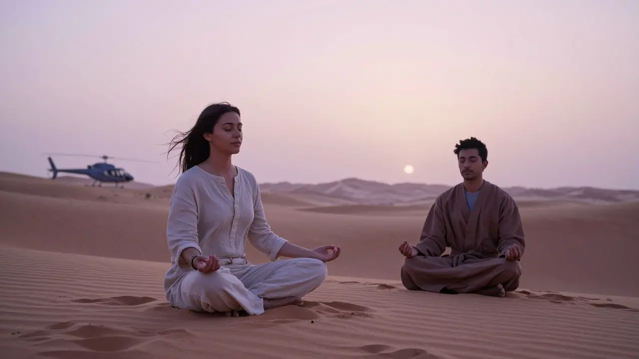 Two individuals sit in peaceful stillness on a desert dune at dawn, sharing a moment of quiet contemplation.