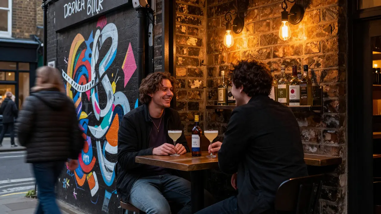 Two people enjoy craft cocktails in a dimly lit Shoreditch bar surrounded by street art.