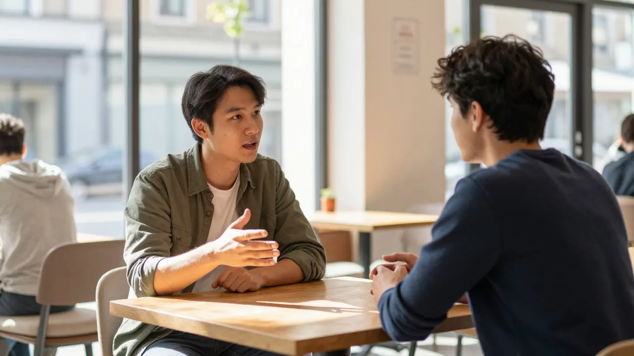 Two people having a respectful conversation at a cafe table.