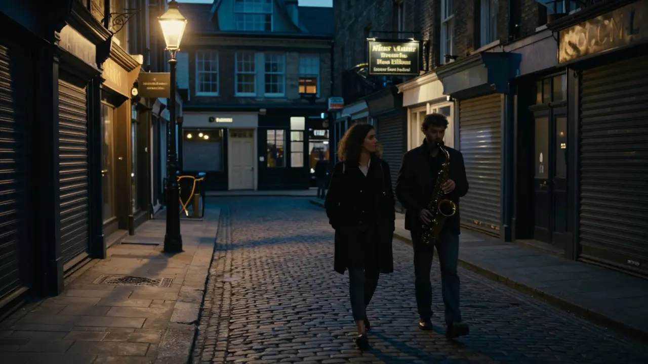 Two people walk peacefully through the empty, rain-slicked streets of Covent Garden at midnight, lit by vintage gaslamps and a lone saxophonist.