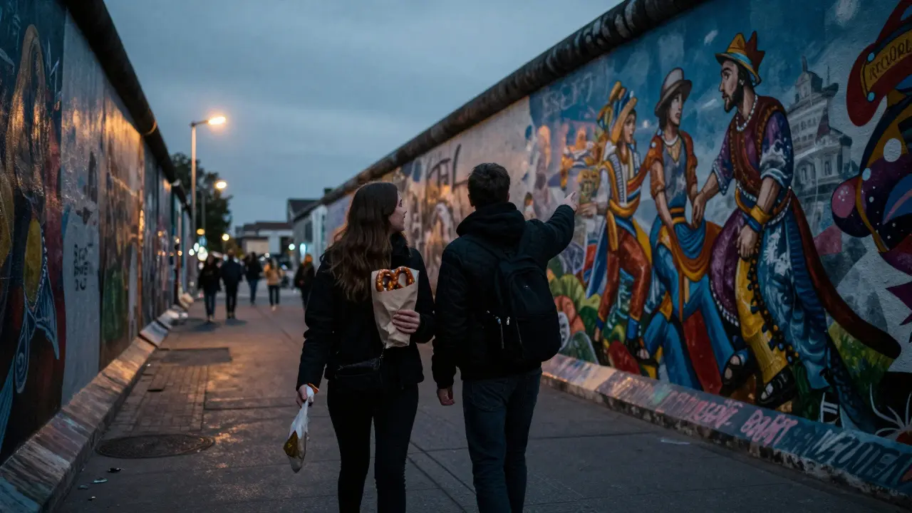 Two people walking along the East Side Gallery at dusk, admiring colorful murals under twilight skies.