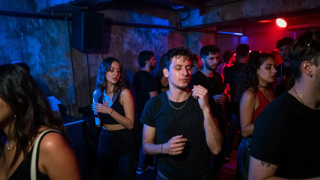 Underground techno club in Zona Tortona with pulsing lights and dancing crowd at night.