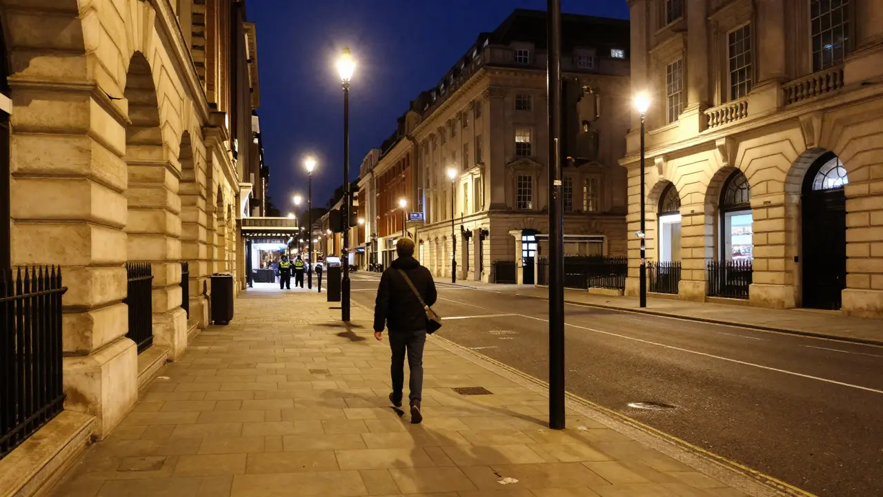 Well-lit city street with pedestrian walking safely at night.